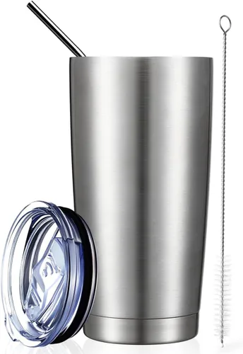 Miniatura 61 de COMOOO Taza de viaje de acero inoxidable de doble pared aislada al vacío de 20 onzas con tapa y pajita, taza de café aislada con recubrimiento