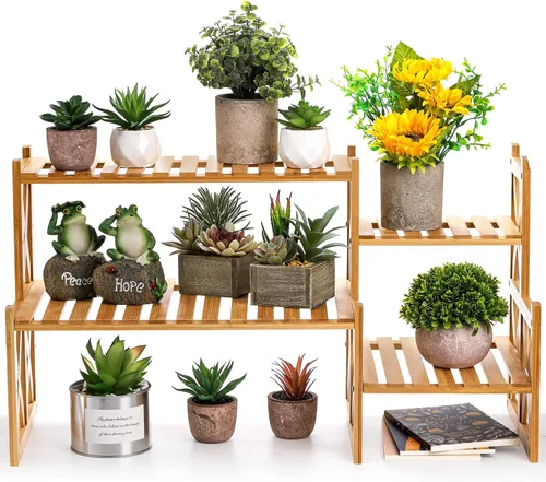 Miniatura 3 de Lawei Soporte de bambú de 2 niveles para plantas de mesa, soporte ajustable para macetas, soporte de exhibición para macetas, estante pequeño