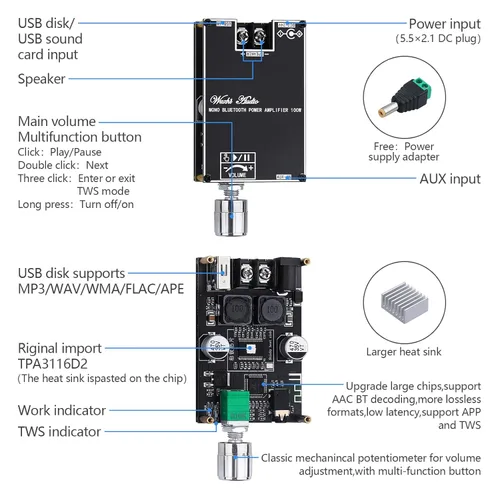 Miniatura 5 de ZK-1001B Amplificador Bluetooth 100W Mono AMP Mini Módulo de Amplificador de Audio de Potencia con Función de Emparejamiento de Caja TWS, Entrada