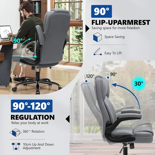 Miniatura 6 de Silla de Oficina Ejecutiva de Cuero PU, Silla Ergonómica de Respaldo Alto para Computadora y Juegos con Altura Ajustable, Giratoria con Ruedas y Gris