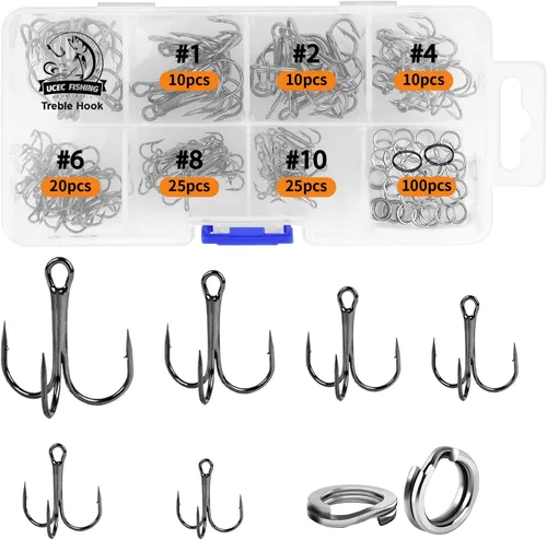 Miniatura 10 de UCEC Kit de Ganchos de Pesca, Ganchos Treble de Acero de Alto Carbono Fuertes y Agudos de Curva Redonda para Agua Salada y Agua Dulce, para Trucha