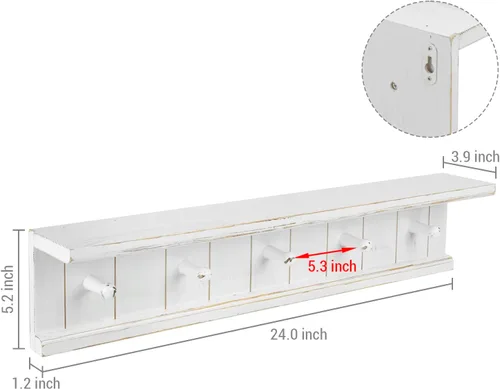Miniatura 3 de MyGift Estante de baño flotante de madera blanca vintage de 5 ganchos montado en la pared y toallero