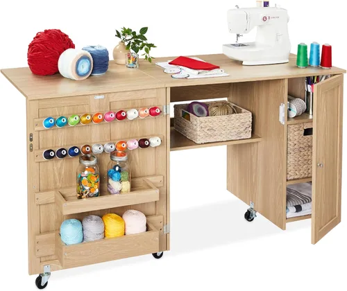 Miniatura 10 de Best Choice Products Mesa de costura plegable grande, estación de manualidades portátil multiusos y escritorio lateral con diseño compacto, ruedas