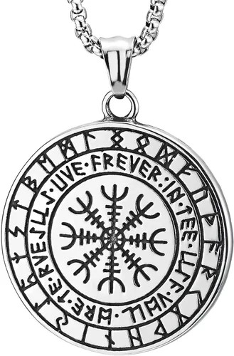 Miniatura 3 de Viking Pendant Necklace, Mjolnir Thor Hammer Nordic Vegvisir Compass Norse Runic Circle Medal Steel