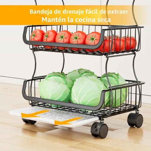 Miniatura 2 de Simple Trending - Carrito rodante de 4 niveles apilable, canasta de frutas y verduras con ruedas y 2 canastas colgantes, soporte de alambre de metal