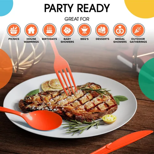 Miniatura 6 de Party Solids Cubiertos de plástico naranja resistentes, 150 piezas, color naranja, desechables, juegos de utensilios, 50 de cada tenedor, cuchillos