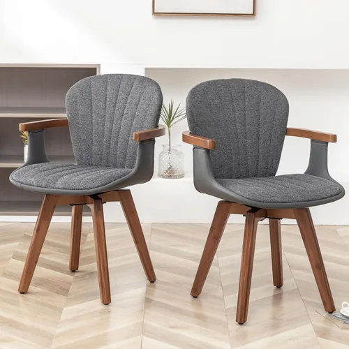 Miniatura 12 de LUNLING Sillas de comedor giratorias, sillas de cocina modernas de cuero sintético negro de mediados de siglo con brazos, patas de bambú, sillas