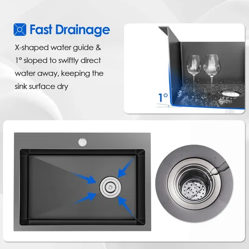 Miniatura 8 de Fregadero de cocina empotrable de 22 x 18 x 9 pulgadas, fregadero de acero inoxidable 304 negro hecho a mano, desagüe descentrado, esquina de radio