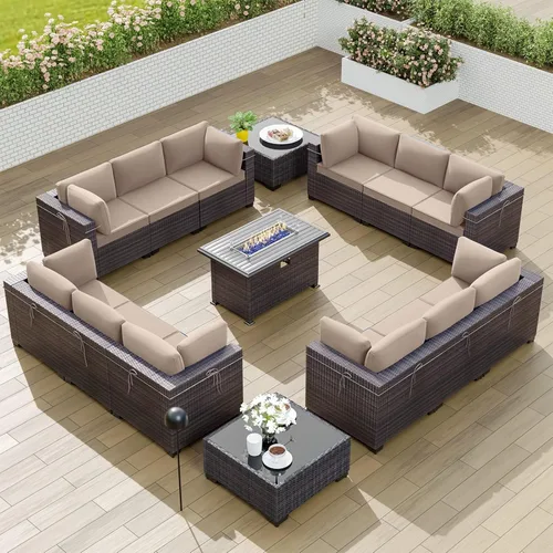Miniatura 11 de Kullavik Juego de 13 muebles de patio al aire libre con mesa de fogata de gas propano de 43 pulgadas, 55000 BTU, mimbre de polietileno, sofá Arena