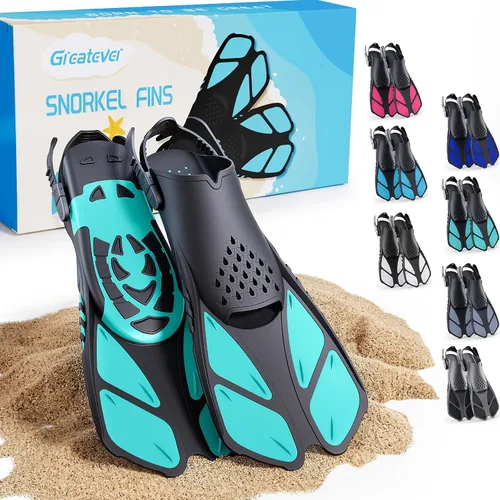Miniatura 13 de Greatever Aletas de esnórquel con hebillas ajustables, talón abierto, aletas de natación de tamaño para viajar, cortas, para buceo, natación, Verde