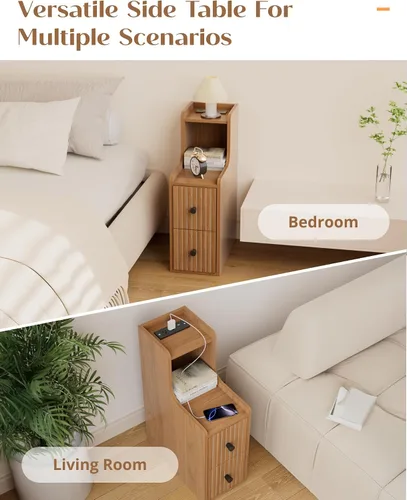 Miniatura 6 de Mesa auxiliar estrecha con estación de carga, mesitas de noche pequeñas, mesita de noche moderna de mediados de siglo con almacenamiento, mesa