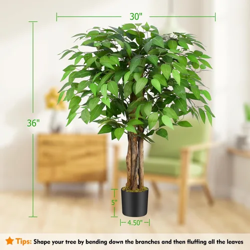 Miniatura 7 de Árboles artificiales de ficus de 3 pies con troncos naturales curvados, árbol exuberante de 36" de altura, árbol falso de ficus realista en verde