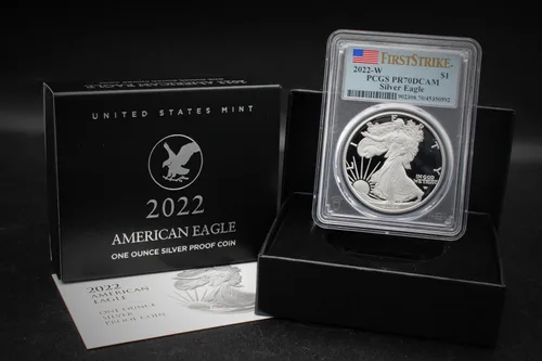 Miniatura 5 de 2022 W 1 oz Proof American Silver Eagle PR-70 Deep Cameo (primer golpe - etiqueta de bandera) con embalaje original del gobierno $1 PCGS PR70DCAM