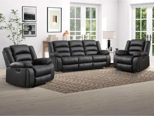 Miniatura 13 de EBELLO Juego de sofá reclinable manual de piel sintética, sofá reclinable de 3 asientos, juego de muebles de sofá para sala de estar, color negro
