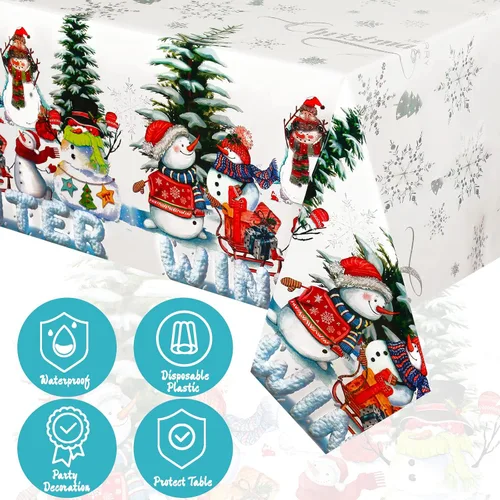 Miniatura 4 de BBTO 4 manteles rectangulares de Navidad impermeables con diseño de muñeco de nieve de invierno, copos de nieve, mantel impermeable de tela