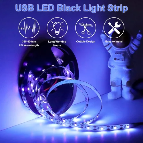Miniatura 2 de Tira de luz LED negra UV de 16.4 pies, 3528 385 nm-400 nm, tira de luz negra no impermeable con caja de batería, para pintura corporal fluorescente