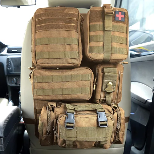 Miniatura 17 de Organizador táctico universal para respaldo de asiento, panel Molle para vehículo, bolsa de almacenamiento con 5 bolsas Molle desmontables