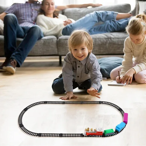 Miniatura 5 de Juego de tren eléctrico navideño para pista de ferrocarril de plástico y maleta portátil, superficie lisa segura para niños y colores brillantes que