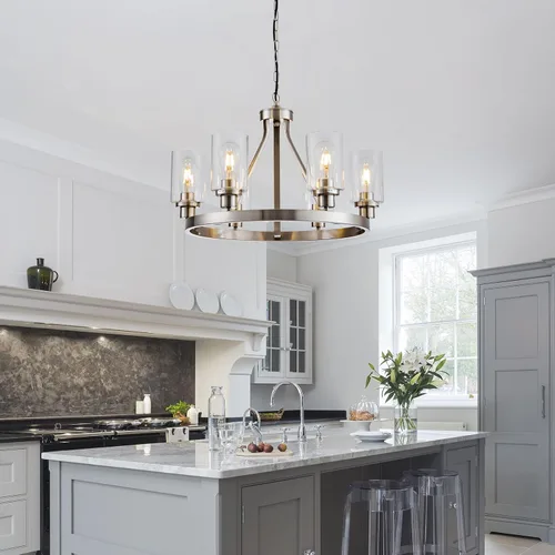 Miniatura 6 de Lanhall - Lámpara moderna de 6 luces para comedor, lámpara de techo en níquel cepillado para cocina, candelabro colgante con pantalla de vidrio