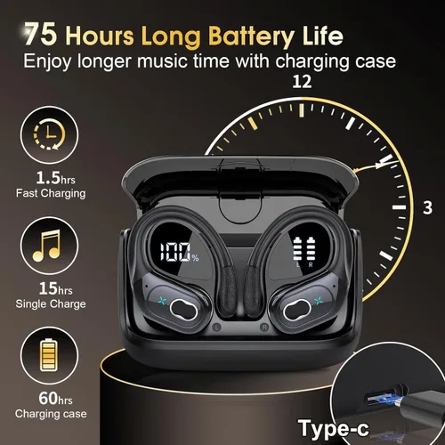 Miniatura 2 de Auriculares inalámbricos Bluetooth 5.4 de 75 horas para deporte, auriculares Bluetooth 2025 estéreo con graves profundos sobre la oreja con ganchos