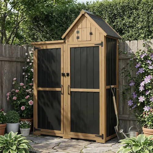 Miniatura 14 de Armario de almacenamiento esquinero para exteriores de 62 pulgadas de alto con puertas con cerradura, armario de almacenamiento pequeño