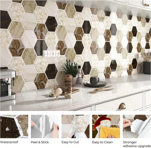 Miniatura 3 de FunStick 15 hojas de azulejos hexagonales para cocina, baño, azulejos de pared de 12 x 12 pulgadas, de madera bohemia, aptos para inquilinos