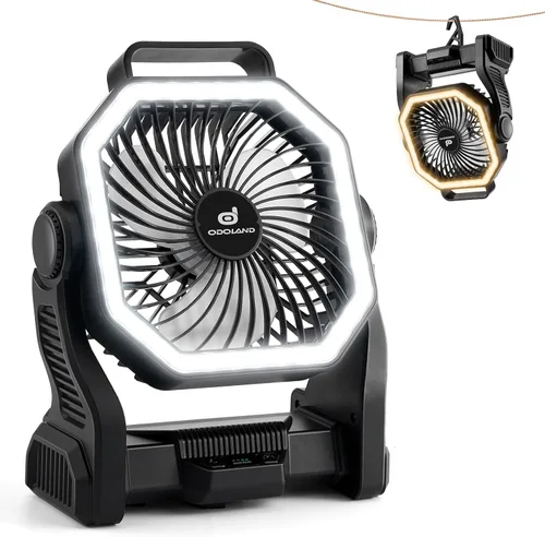 Odoland Ventilador de campamento recargable, ventiladores de batería de 20000 mAh con linterna LED para tienda de campaña, auto, tormenta de playa,