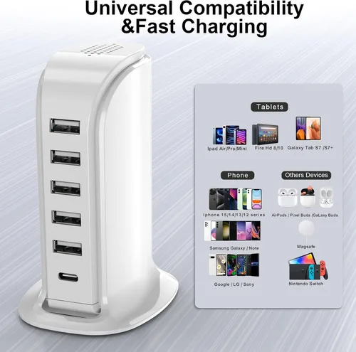 Miniatura 2 de Estación de carga para múltiples dispositivos Upoy, torre de hub USB multi con 5 USB+1 puertos tipo C, bloque de cargador USB C de carga rápida