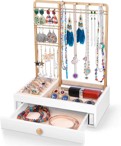 Teamkio Árbol de joyería con caja de almacenamiento blanca grande organizador de joyas de mesa árbol de exhibición para collares anillos pulseras