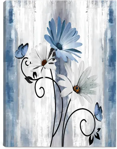 Arte de pared de lienzo con flores azules para baño, decoración de pared de margaritas azules y blancas con mariposas, arte de pared enmarcado listo