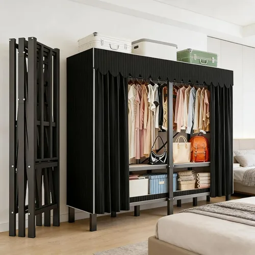Miniatura 10 de Armario portátil resistente de 49.2 pulgadas, armario plegable con tapa, estantes de metal para organizadores de ropa y almacenamiento