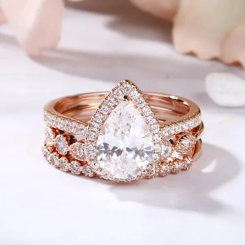 Miniatura 6 de Jeulia Juego de anillos de boda en forma de pera 3 piezas de plata de ley con corte de pera de halo de diamantes de oro rosa, anillo de boda