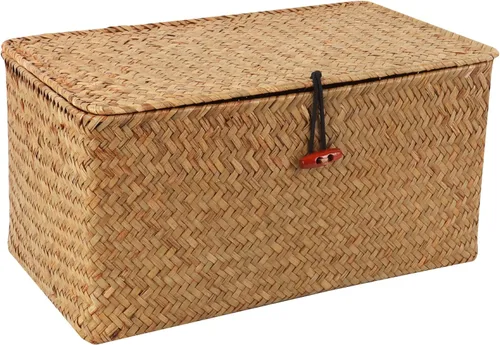 Miniatura 12 de Moosky Cestas de mimbre con tapa, cesta tejida a mano de pastos marinos para cestas de almacenamiento, cajas de regalo rectangulares para el hogar