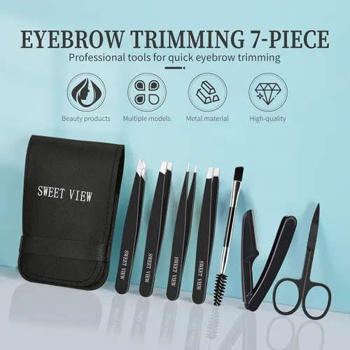 Miniatura 6 de SWEET VIEW Juego de 7 pinzas para cejas para mujeres, pinzas de precisión con tijeras para cejas y navaja y bobina para depilación facial, barbilla