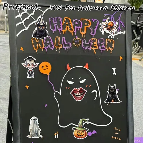 Miniatura 3 de 100 calcomanías de gato negro y bruja, calcomanías de calabaza horrible para álbumes de recortes, diario basura, collages, recuerdos de fiesta