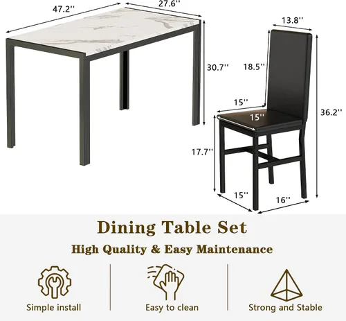 Miniatura 6 de Hooseng Juego de mesa de comedor de 5 piezas para 4 personas con parte superior de mármol sintético y sillas de terciopelo, juego de mesa de cocina