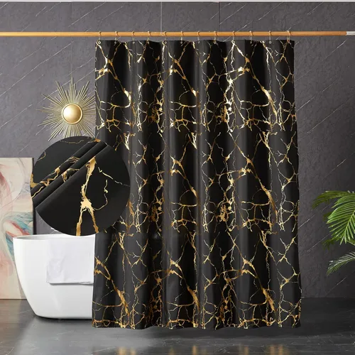 Cortina de ducha negra - Cortinas de ducha de mármol negro y dorado con lámina de oro impresa de lujo para baño, cortina de baño con purpurina y