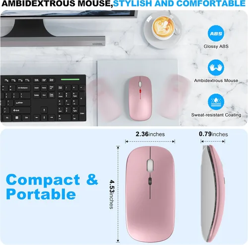 Miniatura 7 de Mouse inalámbrico LED Bluetooth para MacBook Air Mac Pro Laptop iPad – Ratón óptico recargable con luz silenciosa con Jiggler Dual Mode BT5.2 y Rosa