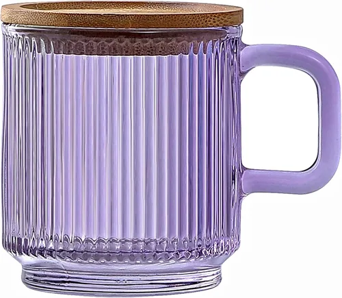 Miniatura 10 de Lysenn - Taza de café de cristal rosa con tapa, taza de té clásica de rayas verticales de primera calidad para Latte Té Chocolate Jugo Agua - Sin