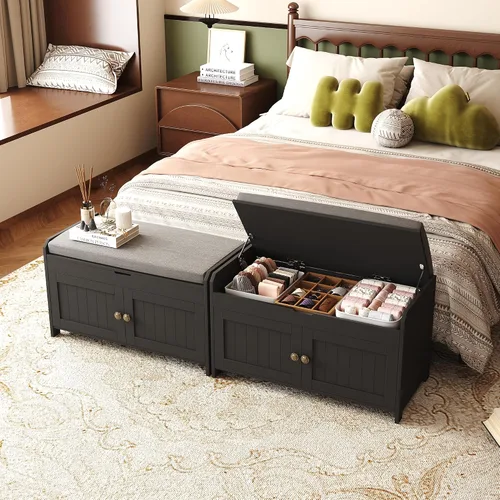 Miniatura 2 de HOMEFORT Banco para Zapatos de 30" con Almacenamiento de Tapa Elevable, Banco de Entrada con Asiento Acolchado, Banco de Madera para Pie de Cama