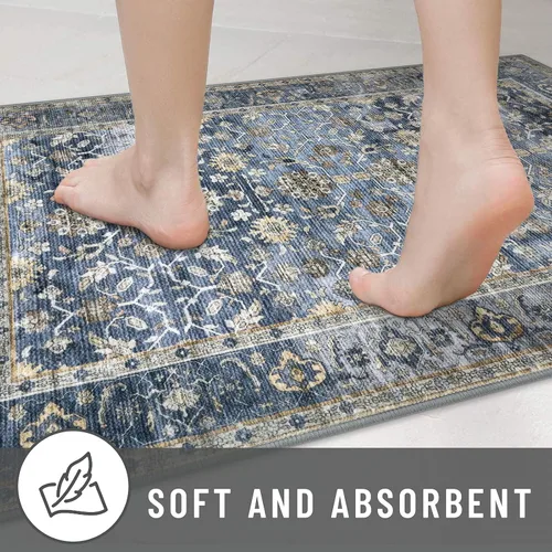 Miniatura 7 de KUTA Alfombras vintage de 2 x 3 pies para entrada, antideslizantes, lavables, tapete para puerta de interior con estampado floral, azul, gris, Azul