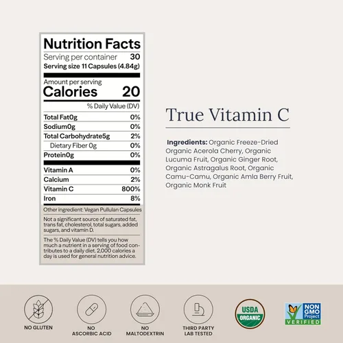 Miniatura 4 de Infinity-C Cápsulas orgánicas de vitamina C, VIT C biodisponibles de Acerola, Camu Camu y Amla, alimentos integrales de vitamina C de 1000 mg