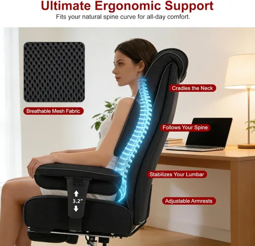 Miniatura 5 de EXCEBET Silla de oficina grande y alta de 400 libras de ancho, silla de oficina ejecutiva de cuero con respaldo alto con soporte lumbar, sillas