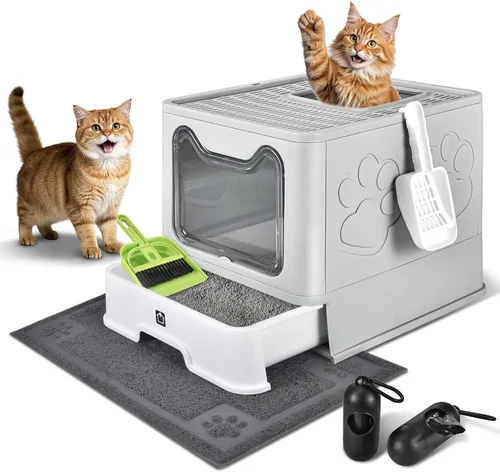 Miniatura 8 de Caja de arena cubierta para gatos con alfombrilla de arena, plegable, extra grande, puerta ajustable de doble entrada, diseño de cajón, caja de Azul