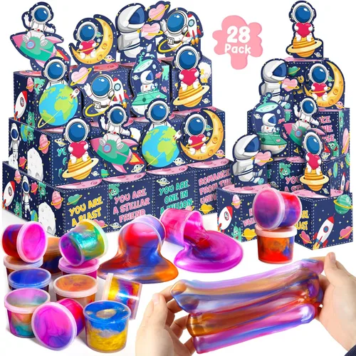 SURCVIO Paquete de 28 regalos para el día de San Valentín para niños, slime de galaxia con caja de tarjetas de felicitación, juguete para aliviar el
