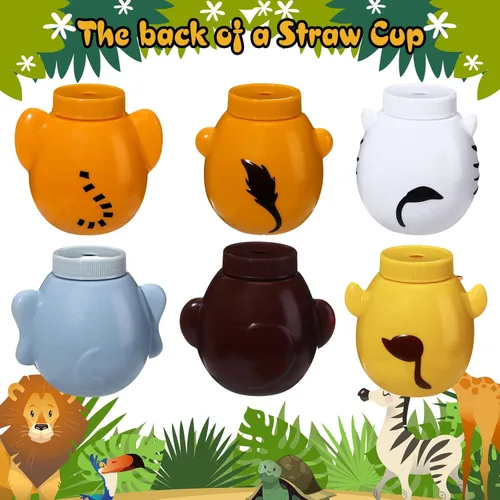 Miniatura 5 de Hoolerry 12 juegos de vasos de animales del zoológico con pajitas y tapas, 10 oz vasos de plástico reutilizables con temática de safari y animales