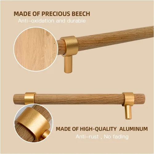 Miniatura 3 de Paquete de 6 tiradores de madera para cajones, manijas de madera de haya, 3-3/4 pulgadas, accesorios de madera para armarios, aparadores