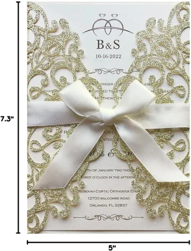 Miniatura 8 de Kit de invitaciones de boda de 5.12 x 7.28 pulgadas, 20 unidades de champán en blanco, con purpurina, cortadas con láser, tarjetas de invitación