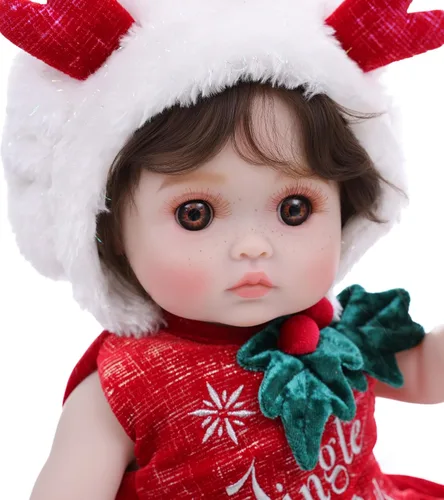 Miniatura 4 de Muñecas de bebé, 18 pulgadas realista Reborn Full Vinyl Baby Doll con pelo rizado marrón, pecas pintadas a mano y acogedor traje rojo para niñas a