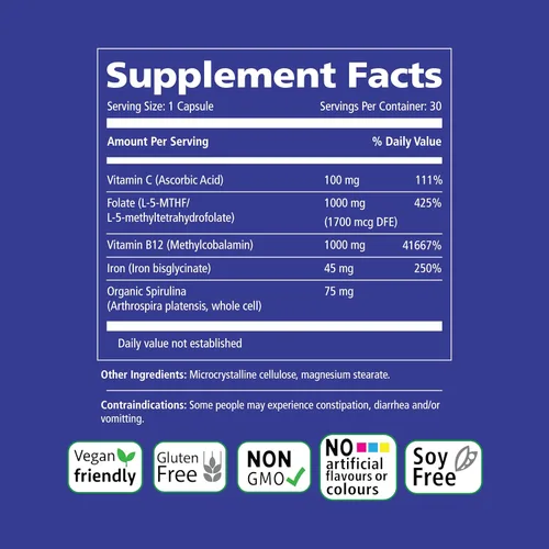 Miniatura 5 de Vitality Power Iron + Spirulina Hierro de 45 mg Constructor de sangre Apoyo a la deficiencia de hierro Vegano Suplemento natural Suave
